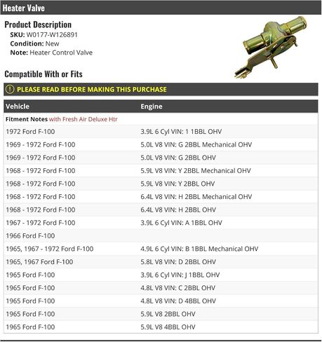 Heater Valve - Compatible with 1965-1972 Ford F-100 in Saudi Arabia