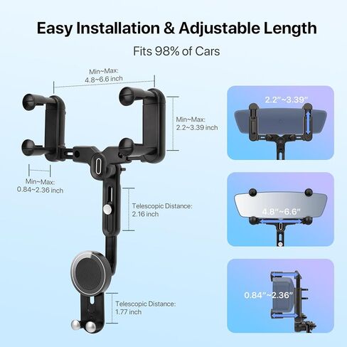 SOOPII Rearview Mirror Phone Holder for Car, 360° Rotating and Retractable Multifunctional Rear View Mirror Phone Mount with Adjustable Arm Length, Universal Car Phone Holder for All Phone and Car in Saudi Arabia