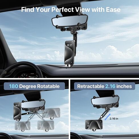 SOOPII Rearview Mirror Phone Holder for Car, 360° Rotating and Retractable Multifunctional Rear View Mirror Phone Mount with Adjustable Arm Length, Universal Car Phone Holder for All Phone and Car in Saudi Arabia