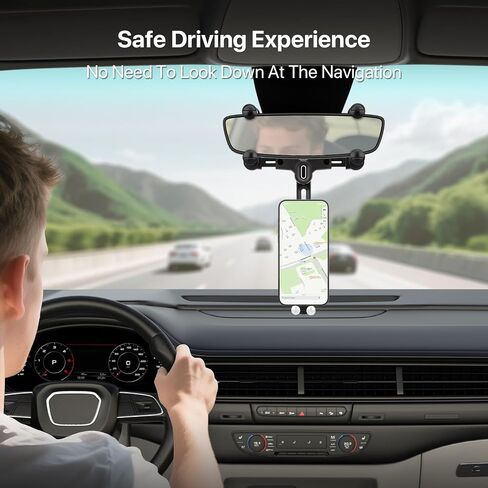 SOOPII Rearview Mirror Phone Holder for Car, 360° Rotating and Retractable Multifunctional Rear View Mirror Phone Mount with Adjustable Arm Length, Universal Car Phone Holder for All Phone and Car in Saudi Arabia