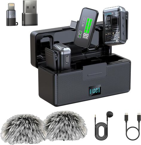 Wireless Lavalier Microphone for iPhone/Android, Noise Cancelling, 48kHz 16-bit Float Internal Recording, 164 ft.(50m) Range, Battery with Charging Case, Microphone for Video Recording in Saudi Arabia