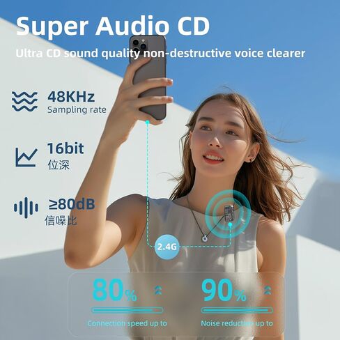 Wireless Lavalier Microphone for iPhone/Android, Noise Cancelling, 48kHz 16-bit Float Internal Recording, 164 ft.(50m) Range, Battery with Charging Case, Microphone for Video Recording in Saudi Arabia