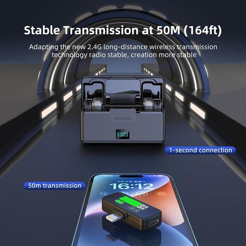 Wireless Lavalier Microphone for iPhone/Android, Noise Cancelling, 48kHz 16-bit Float Internal Recording, 164 ft.(50m) Range, Battery with Charging Case, Microphone for Video Recording in Saudi Arabia
