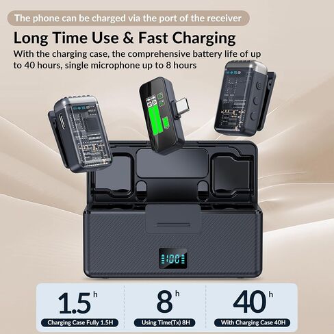 Wireless Lavalier Microphone for iPhone/Android, Noise Cancelling, 48kHz 16-bit Float Internal Recording, 164 ft.(50m) Range, Battery with Charging Case, Microphone for Video Recording in Saudi Arabia