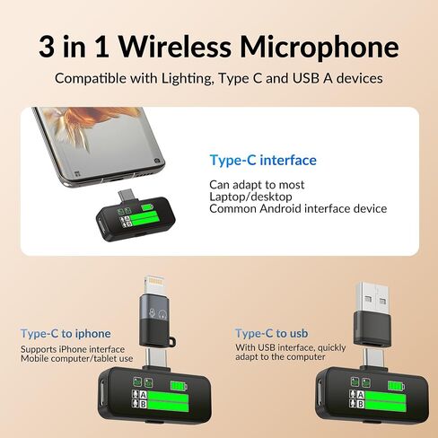 Wireless Lavalier Microphone for iPhone/Android, Noise Cancelling, 48kHz 16-bit Float Internal Recording, 164 ft.(50m) Range, Battery with Charging Case, Microphone for Video Recording in Saudi Arabia