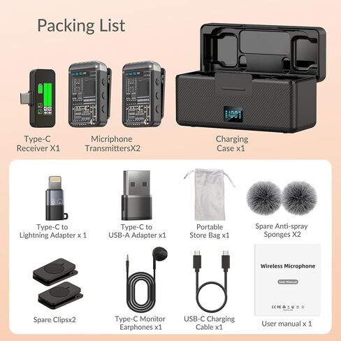 Wireless Lavalier Microphone for iPhone/Android, Noise Cancelling, 48kHz 16-bit Float Internal Recording, 164 ft.(50m) Range, Battery with Charging Case, Microphone for Video Recording in Saudi Arabia