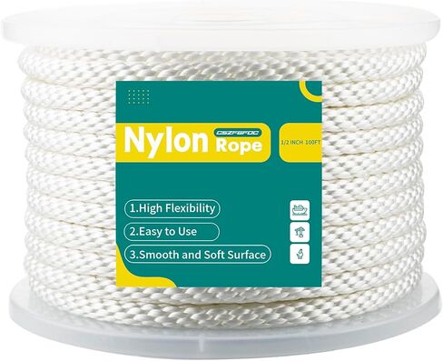 1/2 Inch Nylon Rope 100 Ft Solid Braid High UV and Abrasion Resistance, Multipurpose Tightly Braided Rope, Clothes Line, Flag Line, Marine and Outdoor Twine, Ideal for Indoor and Outdoor Applications in Kuwait
