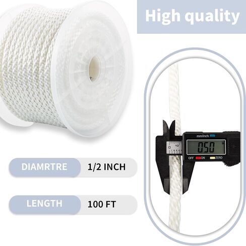 1/2 Inch Nylon Rope 100 Ft Solid Braid High UV and Abrasion Resistance, Multipurpose Tightly Braided Rope, Clothes Line, Flag Line, Marine and Outdoor Twine, Ideal for Indoor and Outdoor Applications in Kuwait