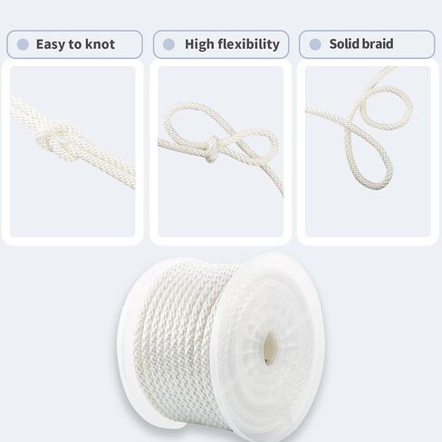 1/2 Inch Nylon Rope 100 Ft Solid Braid High UV and Abrasion Resistance, Multipurpose Tightly Braided Rope, Clothes Line, Flag Line, Marine and Outdoor Twine, Ideal for Indoor and Outdoor Applications in Kuwait