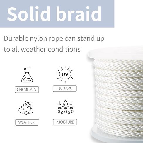 1/2 Inch Nylon Rope 100 Ft Solid Braid High UV and Abrasion Resistance, Multipurpose Tightly Braided Rope, Clothes Line, Flag Line, Marine and Outdoor Twine, Ideal for Indoor and Outdoor Applications in Kuwait