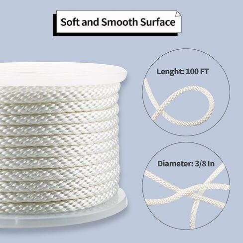 1/2 Inch Nylon Rope 100 Ft Solid Braid High UV and Abrasion Resistance, Multipurpose Tightly Braided Rope, Clothes Line, Flag Line, Marine and Outdoor Twine, Ideal for Indoor and Outdoor Applications in Kuwait