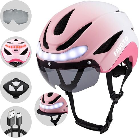 Favoto Bike Helmet with Turn Signals - CPSC Certificated Dual Shell Helmet with Removable Visor & Goggles USB Rechargeable Front and Back LED Lights, Blue in Kuwait