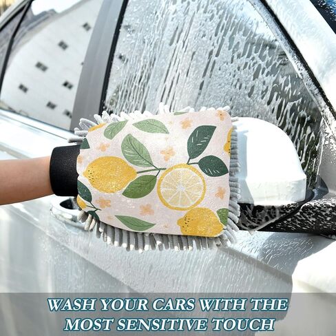 Absorbent Microfiber Car Wash Drying Mitts, 2 Pack, Scratch-Free & Lint-Free, Rich Foam, Highly Absorbent, Double Sided, Wash Mitt Perfect for Car Washing, M, Cute Lemon (1) in Saudi Arabia