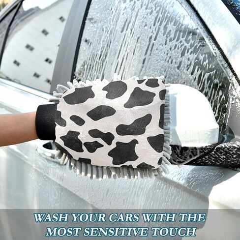 Absorbent Microfiber Car Wash Drying Mitts, 2 Pack, Scratch-Free & Lint-Free, Rich Foam, Highly Absorbent, Double Sided, Wash Mitt Perfect for Car Washing, M, Cow (38) in Saudi Arabia