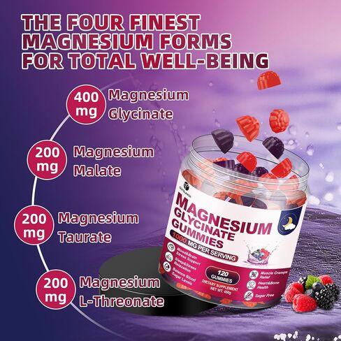 120 CT Magnesium Glycinate Gummies 1000 mg for Women and Men, Magnesium Malate & Taurate Supplements for Sleep, Body Support and Relaxation, Sugar Free, Vegan, Raspberry BlackBerry Blueberry Flavor in Saudi Arabia