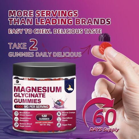 120 CT Magnesium Glycinate Gummies 1000 mg for Women and Men, Magnesium Malate & Taurate Supplements for Sleep, Body Support and Relaxation, Sugar Free, Vegan, Raspberry BlackBerry Blueberry Flavor in Saudi Arabia