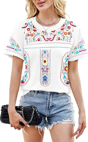 Embroidered Mexican Peasant Blouse Women Summer Boho Shirt Mexico Fiesta Short Sleeve Tops in Saudi Arabia