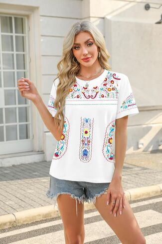 Embroidered Mexican Peasant Blouse Women Summer Boho Shirt Mexico Fiesta Short Sleeve Tops in Saudi Arabia