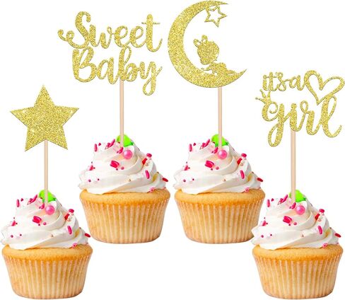 36 PCS Baby Shower Girl Cupcake Toppers with Moon Glitter Star إنها فتاة جميلة من جنس الطفل تكشف عن كب كيك يختار استحمام الطفل الأطفال. in Kuwait