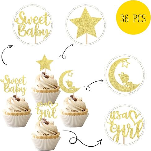 36 PCS Baby Shower Girl Cupcake Toppers with Moon Glitter Star إنها فتاة جميلة من جنس الطفل تكشف عن كب كيك يختار استحمام الطفل الأطفال. in Kuwait