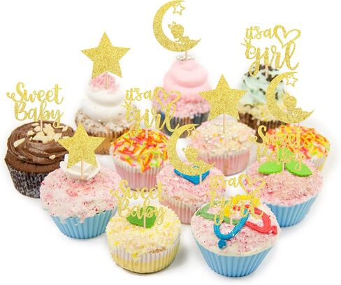 36 PCS Baby Shower Girl Cupcake Toppers with Moon Glitter Star إنها فتاة جميلة من جنس الطفل تكشف عن كب كيك يختار استحمام الطفل الأطفال. in Kuwait