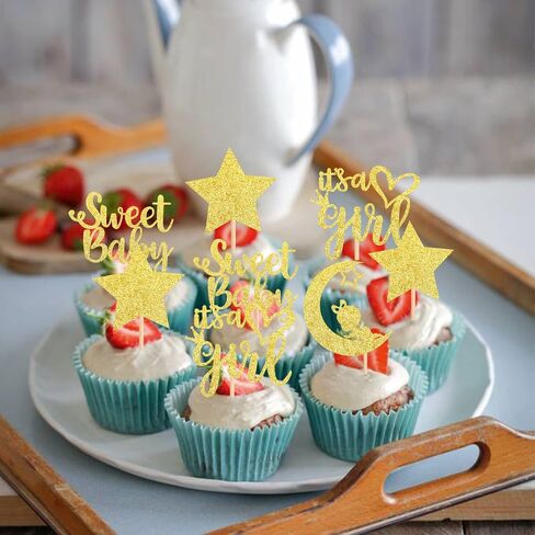 36 PCS Baby Shower Girl Cupcake Toppers with Moon Glitter Star إنها فتاة جميلة من جنس الطفل تكشف عن كب كيك يختار استحمام الطفل الأطفال. in Kuwait