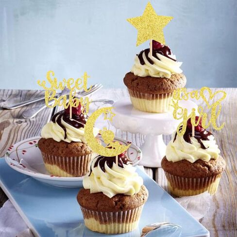36 PCS Baby Shower Girl Cupcake Toppers with Moon Glitter Star إنها فتاة جميلة من جنس الطفل تكشف عن كب كيك يختار استحمام الطفل الأطفال. in Kuwait