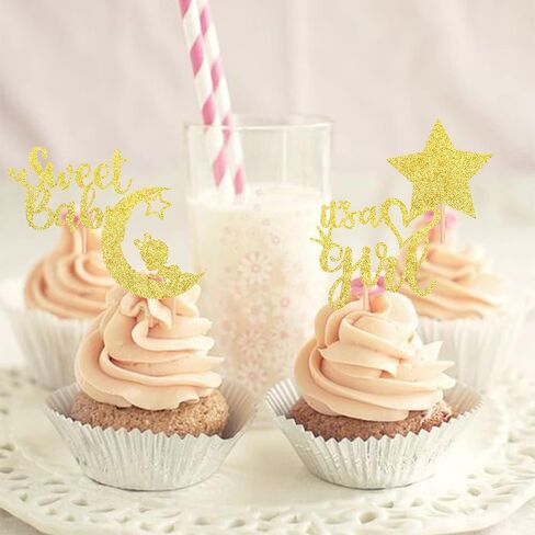36 PCS Baby Shower Girl Cupcake Toppers with Moon Glitter Star إنها فتاة جميلة من جنس الطفل تكشف عن كب كيك يختار استحمام الطفل الأطفال. in Kuwait
