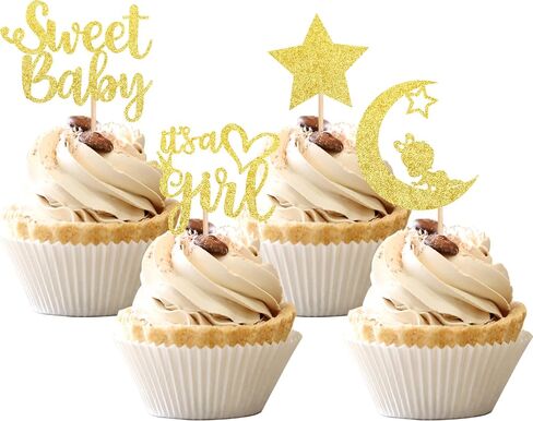 36 PCS Baby Shower Girl Cupcake Toppers with Moon Glitter Star إنها فتاة جميلة من جنس الطفل تكشف عن كب كيك يختار استحمام الطفل الأطفال. in Kuwait