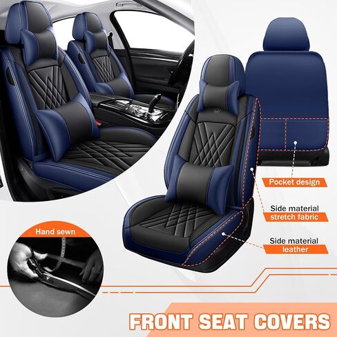 Car Seat Covers Compatible with Jeep Liberty 2002-2012 Durable Waterproof Automotive Seat Covers Stretchable Fabric Material,Airbag Compatibility,Premium Nappa Leather(Black Blue,Full Set with Pillow) in Kuwait