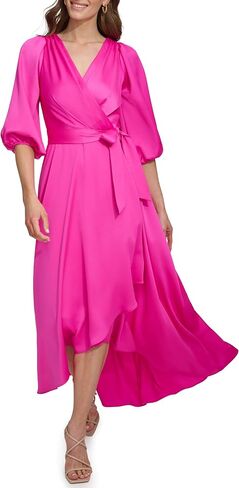 DKNY Women's Balloon Sleeve Satin Faux Wrap Maxi Dress in Saudi Arabia