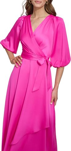 DKNY Women's Balloon Sleeve Satin Faux Wrap Maxi Dress in Saudi Arabia