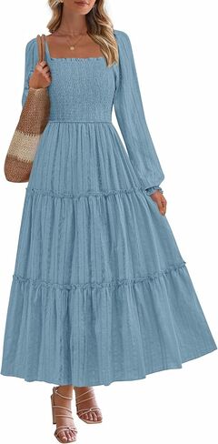 PRETTYGARDEN Maxi Dresses for Women 2025 Fall Boho Long Sleeve Smocked A Line Ruffle Holiday Party Long Dress with Pockets in Saudi Arabia