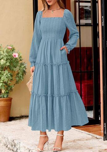PRETTYGARDEN Maxi Dresses for Women 2025 Fall Boho Long Sleeve Smocked A Line Ruffle Holiday Party Long Dress with Pockets in Saudi Arabia