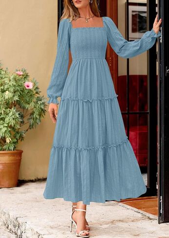 PRETTYGARDEN Maxi Dresses for Women 2025 Fall Boho Long Sleeve Smocked A Line Ruffle Holiday Party Long Dress with Pockets in Saudi Arabia