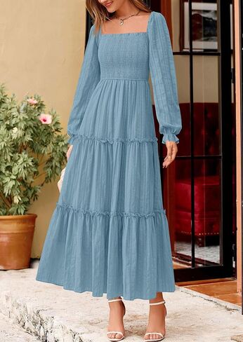 PRETTYGARDEN Maxi Dresses for Women 2025 Fall Boho Long Sleeve Smocked A Line Ruffle Holiday Party Long Dress with Pockets in Saudi Arabia