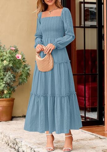 PRETTYGARDEN Maxi Dresses for Women 2025 Fall Boho Long Sleeve Smocked A Line Ruffle Holiday Party Long Dress with Pockets in Saudi Arabia