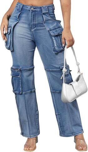 Ryehack Jeans Cargo Pants for Women Y2K Straight Leg Side Zipper Denim Pants with Pockets Stretch Jeans Streetwear in Kuwait