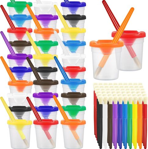 Gueevin 150 Pcs No Spill Paint Cups with Lids for Kids Toddler Children and Paint Brushes for Kids Painting Art Supplies Preschool Classroom Christmas, 10 Colors in Saudi Arabia