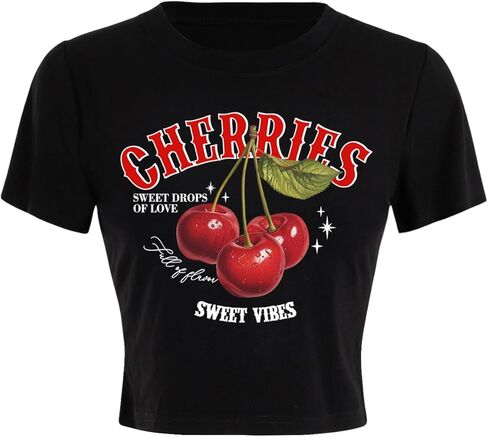 Women's Y2k Cherry Letter Print T Shirts Short Sleeve Crew Neck Summer Tops Streetwear in Kuwait