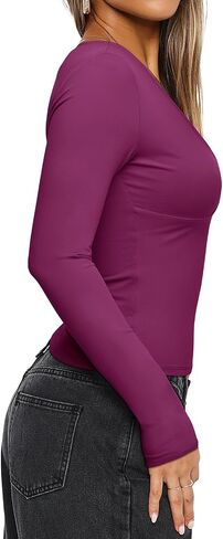 REORIA Women's Sexy Plunge Deep V Neck Long Sleeve Basic T Shirts Trendy Slim Fit Lightweight Y2K Going Out Crop Tops in Saudi Arabia