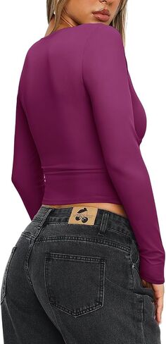 REORIA Women's Sexy Plunge Deep V Neck Long Sleeve Basic T Shirts Trendy Slim Fit Lightweight Y2K Going Out Crop Tops in Saudi Arabia