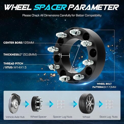 2pcs 8x170 2inch (50.8mm) فواصل العجلات مع M14x1.5 ترصيع 125 مم تجويف لعام 2003-2005 Ford ، 2003-2009 F-250 F-350 ، 2003-2022 Ford F-250 F-350 Super Duty ، 8 Lugs Wheel. in Saudi Arabia