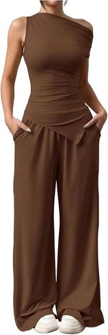 SOLY HUX Women's 2 Piece Going Out Outfits Sleeveless Asymmetric Tops and Wide Leg Pants Summer Sets in Saudi Arabia