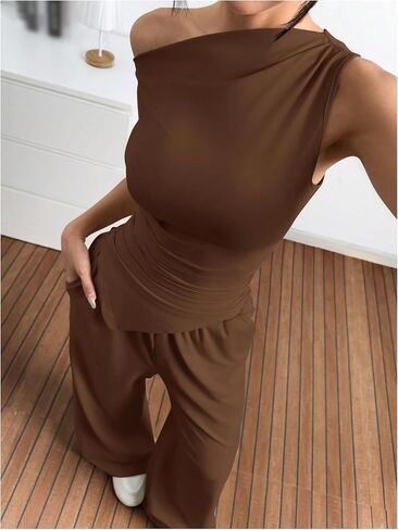 SOLY HUX Women's 2 Piece Going Out Outfits Sleeveless Asymmetric Tops and Wide Leg Pants Summer Sets in Saudi Arabia