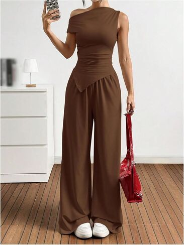 SOLY HUX Women's 2 Piece Going Out Outfits Sleeveless Asymmetric Tops and Wide Leg Pants Summer Sets in Saudi Arabia