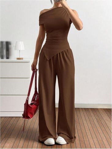 SOLY HUX Women's 2 Piece Going Out Outfits Sleeveless Asymmetric Tops and Wide Leg Pants Summer Sets in Saudi Arabia