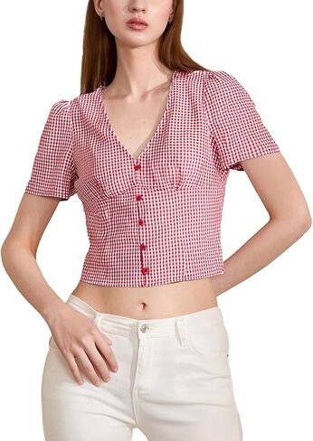 Women Fashion Plaid Crop Tops Short-Sleeve V Neck Button Down Gingham Shirt Preppy Top Blouse Y2K Summer Clothes in Kuwait