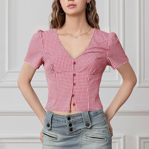 Women Fashion Plaid Crop Tops Short-Sleeve V Neck Button Down Gingham Shirt Preppy Top Blouse Y2K Summer Clothes in Kuwait
