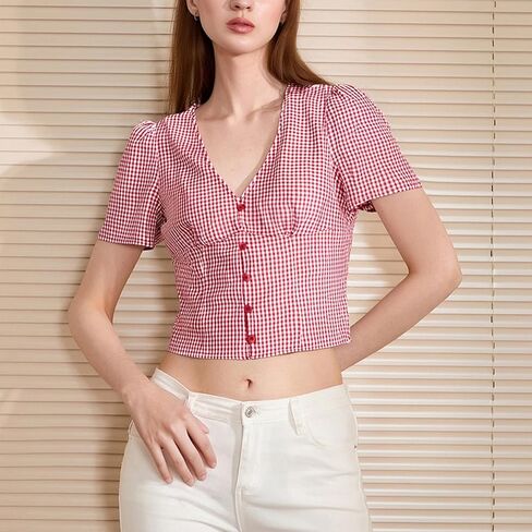 Women Fashion Plaid Crop Tops Short-Sleeve V Neck Button Down Gingham Shirt Preppy Top Blouse Y2K Summer Clothes in Kuwait
